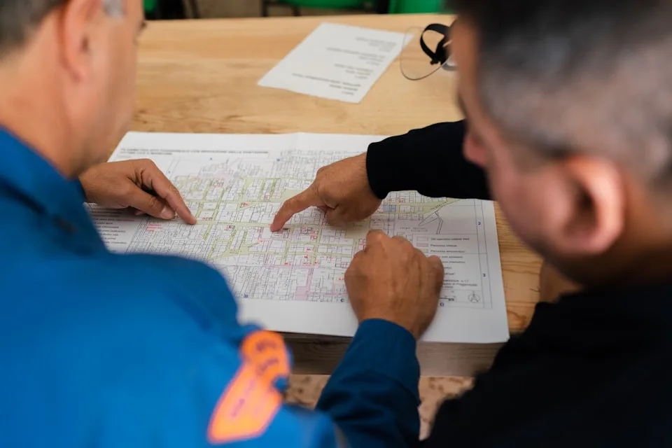 Dois profissionais analisando e apontando informações em um mapa técnico sobre a mesa