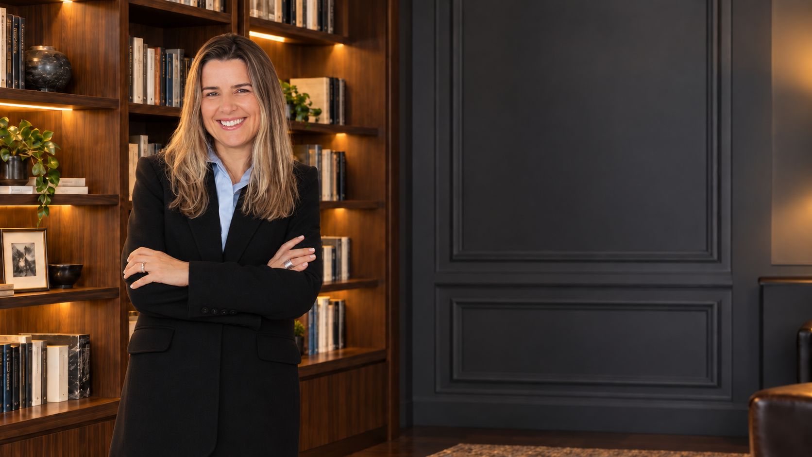 Andreza Araújo em pé, de blazer preto e camisa azul, em composição de biblioteca executiva